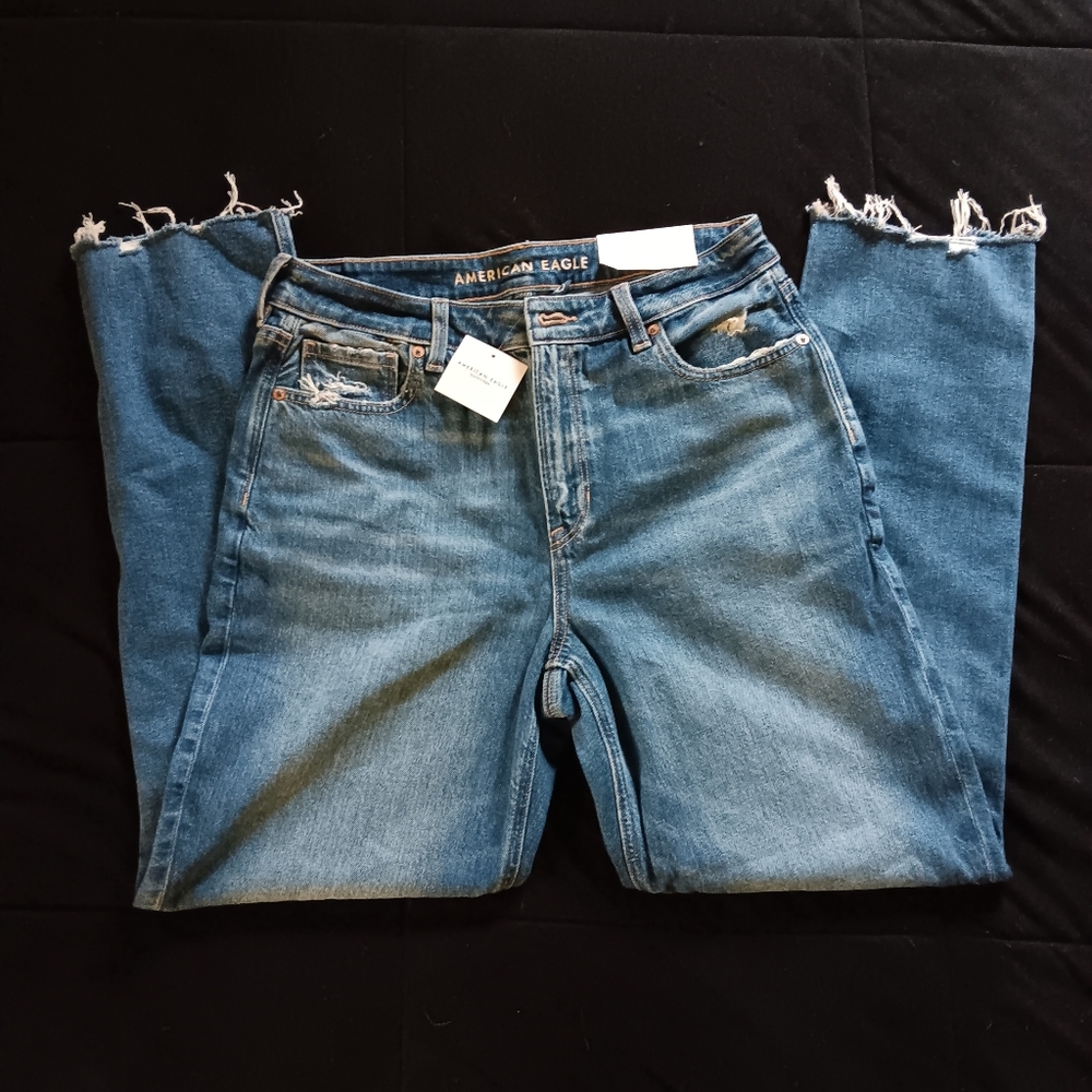 NWT American Eagle Distressed Strigid Deep Sea Blue Mom Jeans - Picture 2 of 7